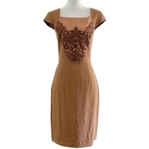 Antonio Melani Cap Sleeve Square Neck Beaded Bodice Copper Sheath Dress Size 2 - Picture 1 of 8